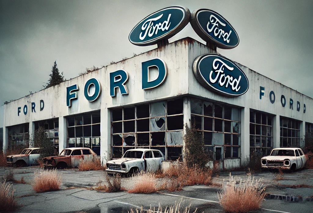 ALERTE : Ford Europe au bord du gouffre ! L’électrique en cause Un garage Ford abandonné. Généré par IA.