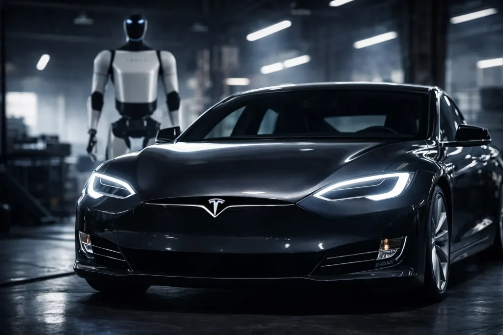 Coup de tonnerre chez Tesla : les Model S et Model X vont disparaître Une Tesla Model S noire avec un robot Tesla Optimus derrière